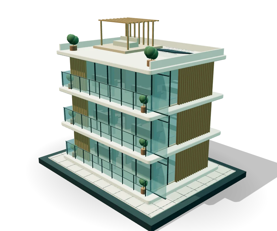 Vista exterior prerenderizada del edificio conceptual