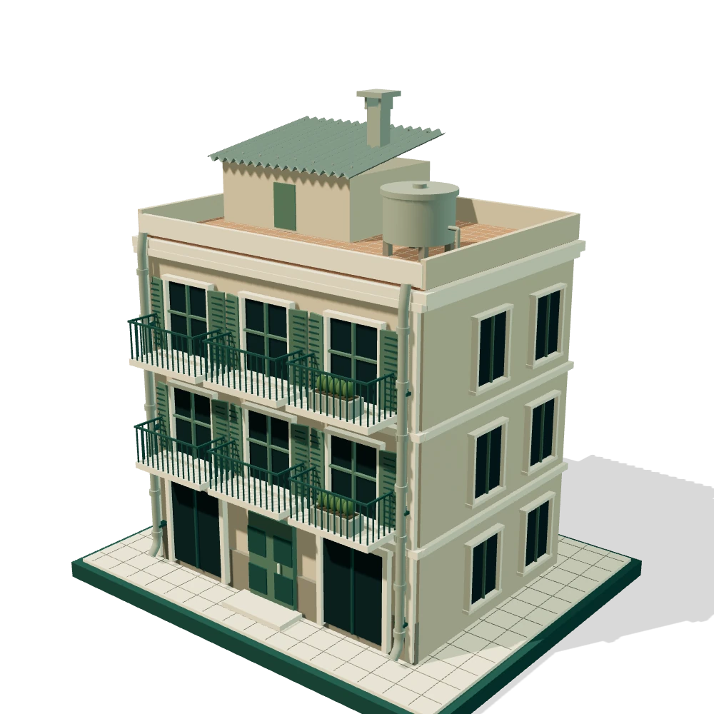 Modelo 3D de un edificio residencial antiguo con cubierta ondulada, bajantes, depósito y balcones