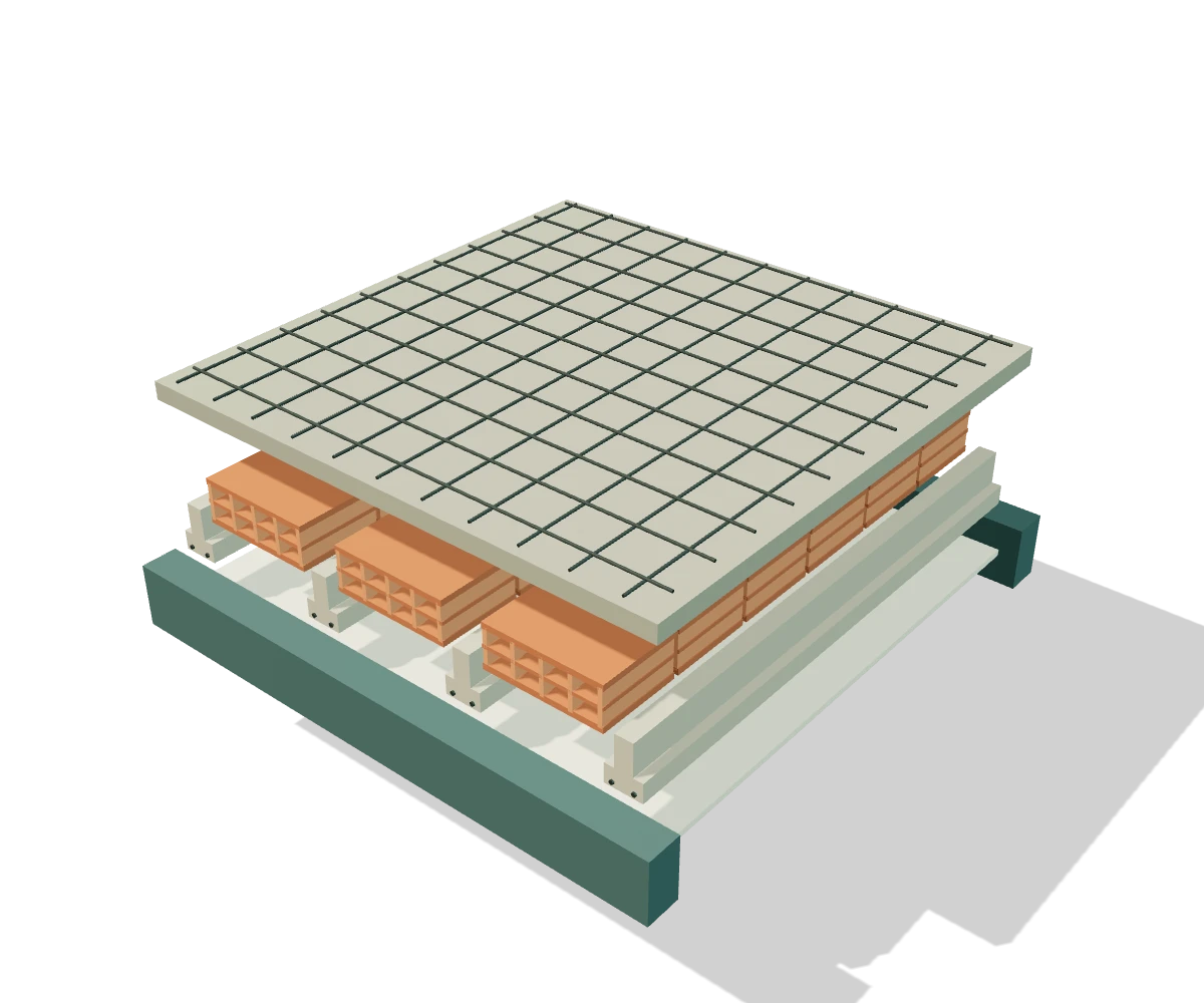 Sección 3D de un forjado unidireccional con viguetas prefabricadas y bovedillas cerámicas