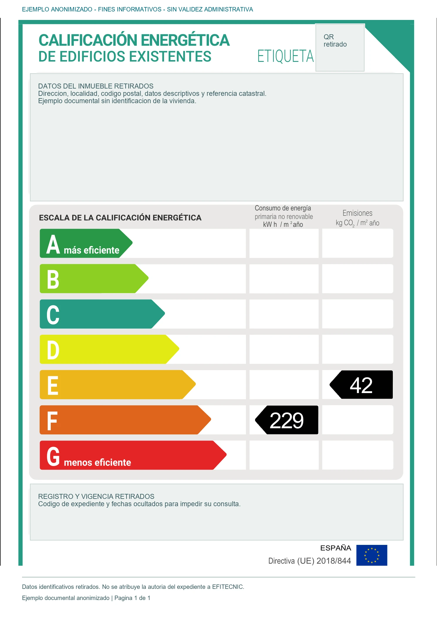 Anonymised example energy label: consumption F, 229 kWh/m² per year; emissions E, 42 kg CO₂/m² per year. Identification, QR, registration and validity removed.
